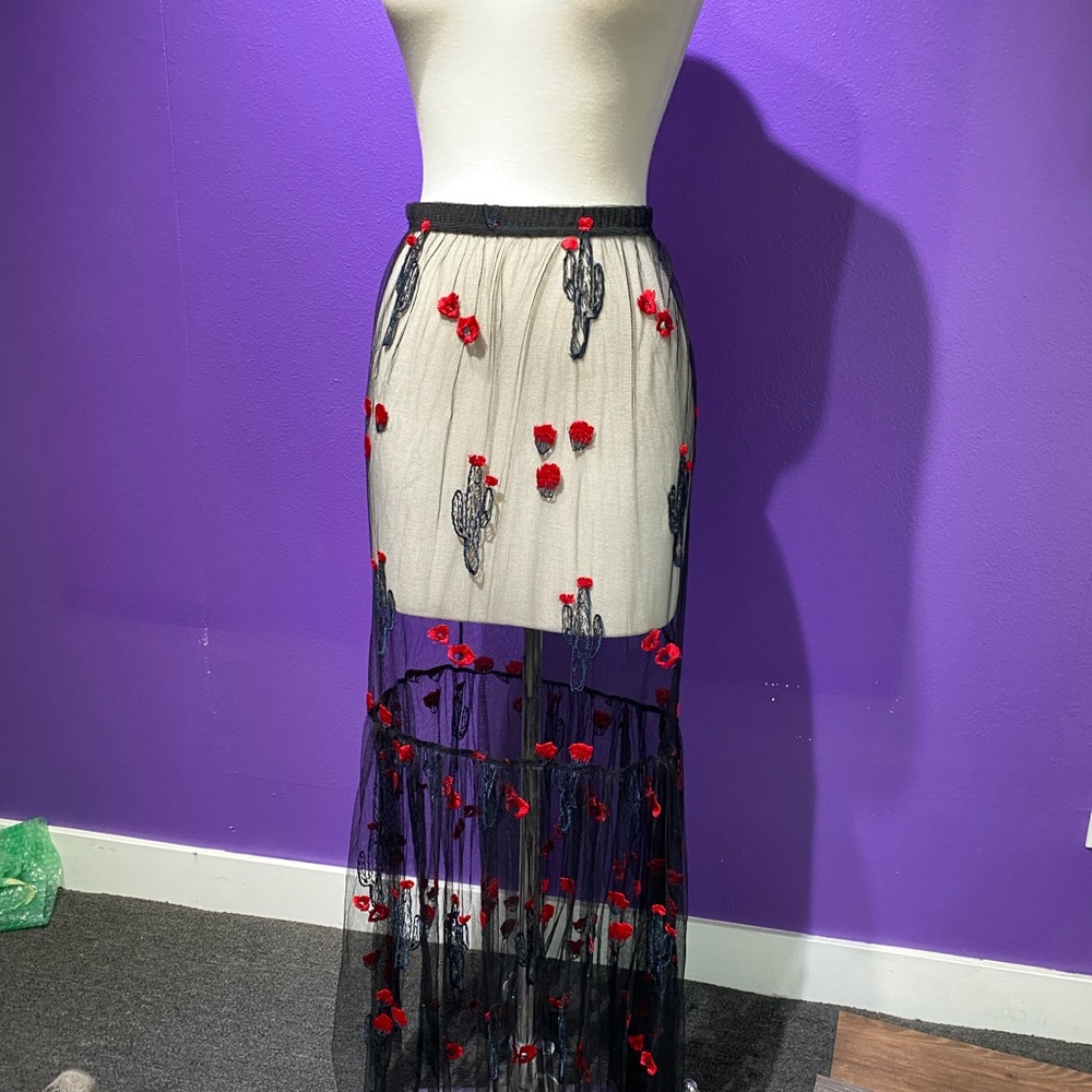 For Love And Lemons sheer cactus  Black and Red Embroidered Maxi Skirt